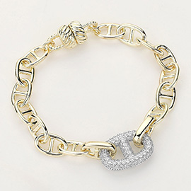 14K Gold Plated CZ Stone Paved Mariner Link Accented Magnetic Bracelet