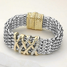 14K Gold Plated Two Tone Crisscross Pointed Mesh Metal Magnetic Bracelet