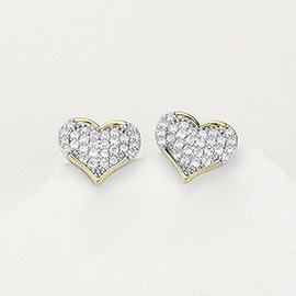 14K Gold Plated CZ Stone Paved Heart Stud Earrings