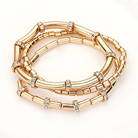 3PCS - Metal Bar Stone Beaded Stretch Multi Layered Bracelets