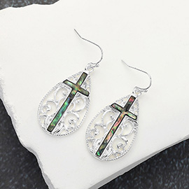 Abalone Cross Centered Filigree Teardrop Dangle Earrings