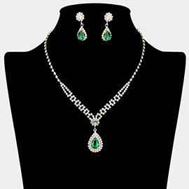 Teardrop CZ Stone Pendant Accented Rhinestone Paved Necklace