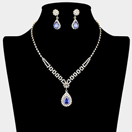 Teardrop CZ Stone Pendant Accented Rhinestone Paved Necklace