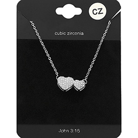 CZ Stone Paved Double Heart Pendant Necklace