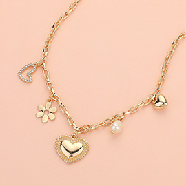 Heart Flower Pearl Charm Station Necklace