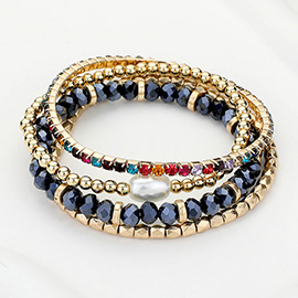 4PCS - Pearl Pointed Rhinestone Metal Ball Faceted Beaded Stretch Multi Layered Bracelets