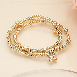 3PCS - Metal Ball Cross Beaded Stretch Multi Layered Bracelets