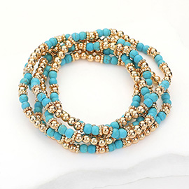 5PCS - Natural Stone Metal Ball Beaded Stretch Multi Layered Bracelets