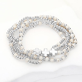 5PCS - Natural Stone Metal Cross Ball Beaded Stretch Multi Layered Bracelets