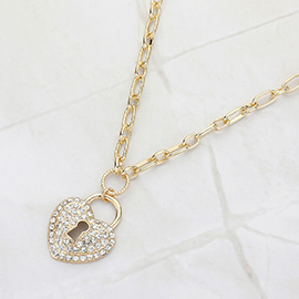 Stone Paved Heart Lock Pendant Necklace