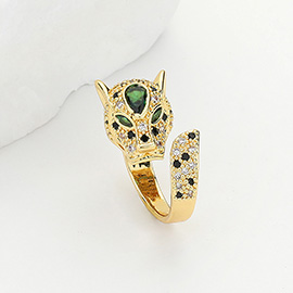 CZ Stone Paved Brass Metal Leopard Ring