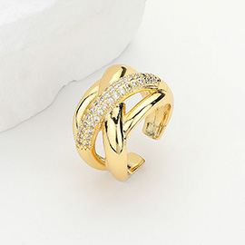 CZ Stone Paved Brass Metal Crisscross Ring