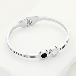 Stainless Steel Roman Numeral Engraved Round Tip Hinged Bangle Bracelet