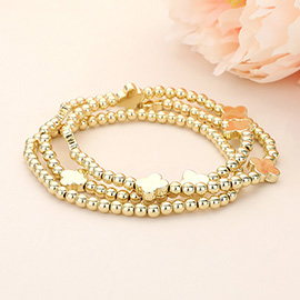 3PCS - Metal Quatrefoil Ball Beaded Stretch Multi Layered Bracelets