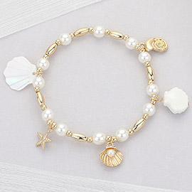 Shell Starfish Charm Station Pearl Beaded Stretch Bracelet