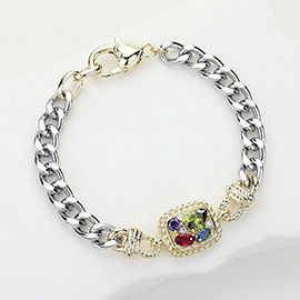 14K Gold Plated Two Tone Colorful CZ Stone Embellished Rectangle Plate Accented Chain Bracelet