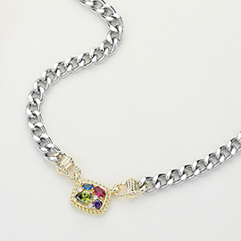 14K Gold Plated Two Tone Colorful CZ Stone Embellished Rectangle Plate Accented Chain Necklace