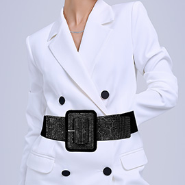 Bling Studded Rectangle Buckle Accented Elastic Belt