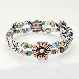 Message Engraved Flower Various Beaded Stretch Bracelet