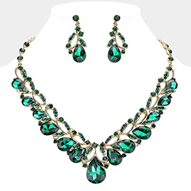 Teardrop Accented Stone Embellished Leaf Evening Necklace