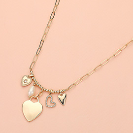 Metal Heart Pearl Charm Paperclip Chain Necklace