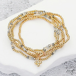 5PCS - Metal Bubble Flower Charm Accented Beaded Stretch Multi Layered Bracelets