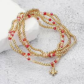 5PCS - Metal Bubble Flower Charm Accented Beaded Stretch Multi Layered Bracelets