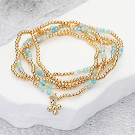 5PCS - Metal Bubble Flower Charm Accented Beaded Stretch Multi Layered Bracelets