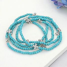 5PCS - Metal Bubble Flower Pointed Seed Beaded Stretch Multi Layered Bracelets