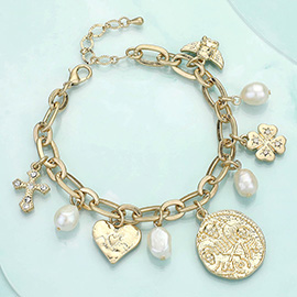 Cross Pearl Heart Clover Angel Coin Charm Station Bracelet