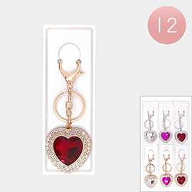 12PCS - Rhinestone Trimmed Heart Stone Keychains 