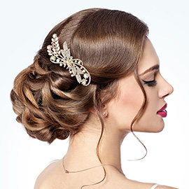 CZ Stone Embellished Flower Leaf Accented Hair Comb