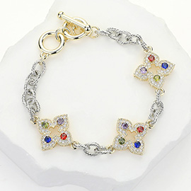 14k Gold Plated Two Tone Colorful CZ Stone Paved Clover Station Chain Toggle Bracelet