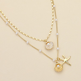 Pearl Shell Metal Starfish Pendant Pearl Station Chain Layered Necklace