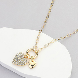 Stone Paved Metal Heart Charms Pendant Paperclip Chain Necklace