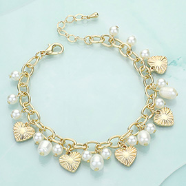 Textured Metal Heart Pearl Charm Chain Bracelet