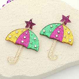 Glittered Resin Stone Embellished Mardi Gras Umbrella Dangle Earrings