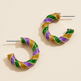 Glittered Twisted Enamel Mardi Gras Hoop Earrings