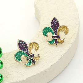 Glittered Enamel Mardi Gras Fleur de Lis Stud Earrings