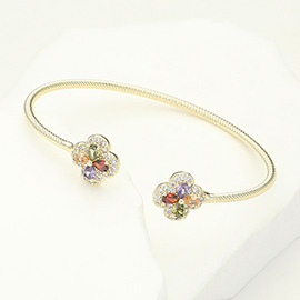 Colorful CZ Stone Embellished Quatrefoil Tip Cuff Bracelet