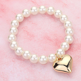 Metal Heart Charm Pearl Beaded Stretch Bracelet