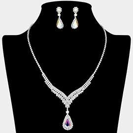 Teardrop Stone Pendant Accented Rhinestone Paved Necklace