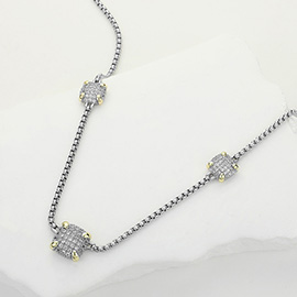 14K Gold Plated CZ Stone Paved Square Cluster Link Necklace