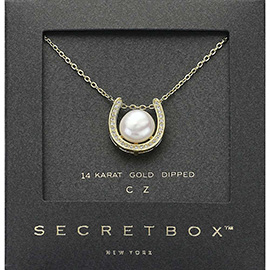 SECRET BOX_14K Gold Dipped CZ Stone Paved Horseshoe Pearl Pendant Necklace