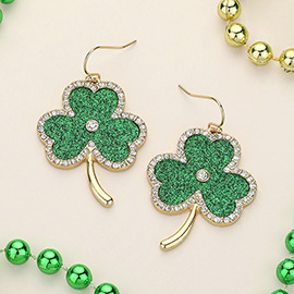 Stone Embellished Glittered St Patricks Clover Dangle Earrings