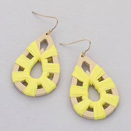 Raffia Wrapped Wooden Teardrop Dangle Earrings