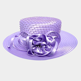 Stone Embellished Flower Bow Accented Dressy Hat