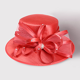 Flower Mesh Bow Accented Dressy Hat