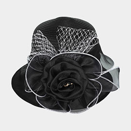 Flower Mesh Accented Organza Dressy Hat