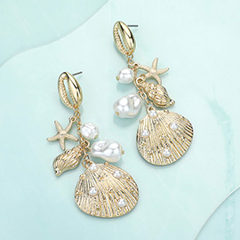 Pearl Shell Starfish Puka Shell Charm Dangle Earrings